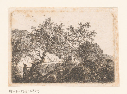 Rocky landscape with waterfall and two persons at a tree, Sauveur Legros, 1796 Canvas Print