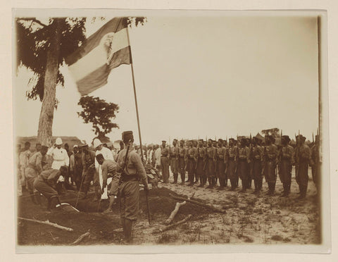 Military funeral with African guard of honour, flag and (presumably) Germans in Cameroon, anonymous, 1899 Canvas Print