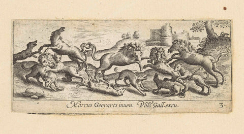 Hunting lions, horses and dogs, Marcus Gheeraerts (I), 1570 - 1612 Canvas Print