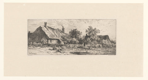 Rural house with sheep and seated figures, Charles Emile Jacque, 1866 Canvas Print