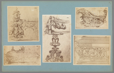 Five photo reproductions of ornament drawings of cradles and sarcophagi, anonymous, c. 1875 - c. 1900 Canvas Print