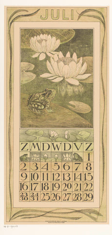 Calendar sheet July with frog and water lilies, Theo van Hoytema, 1910 Canvas Print