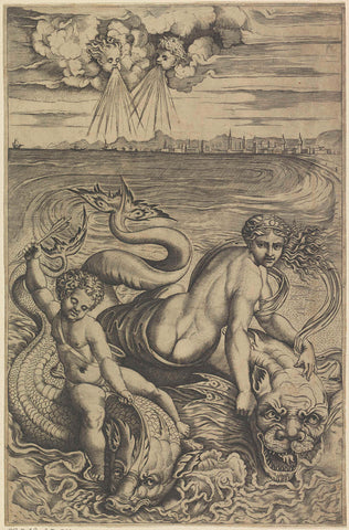 Venus and Amor on dolphins, Marco Dente, 1498 - 1532 Canvas Print