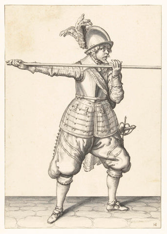 Soldier carrying his skewer with both hands horizontally at shoulder height, his right hand at the foot of the coat of arms, Jacob de Gheyn (II), 1596 - 1606 Canvas Print