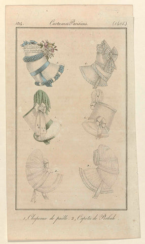 Journal des Dames et des Modes, Costumes Parisiens, 25 June 1814, (1405): 1, Chapeaux de paill (...), anonymous, 1814 Canvas Print