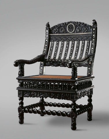 Armchair of ebony, inlaid with ivory and decorated with Nereids, flowers and birds, armrests are propped up by figure of a European soldier, back with oval coat of arms: Child, anonymous, c. 1690 - c. 1700 Canvas Print