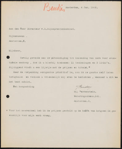 Letter to jonkheer Hendrik Teding van Berkhout (1879-1969), Jacob Bendien, 1932 Canvas Print