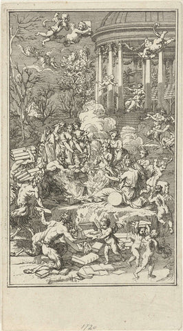 Allegorical representation with the muses warming themselves to the fire of bad books, Bernard Picart, 1720 Canvas Print