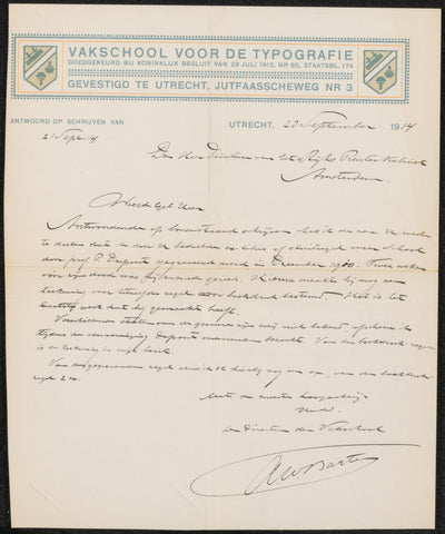 Letter to jonkheer Hendrik Teding van Berkhout, Vocational School for Typography, 1914 Canvas Print