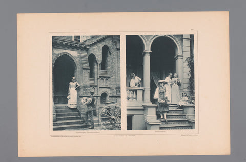 Two images of people on the stairs in front of a house, depicted a maid and a boy and a group of four women and a child, Wilhelm Dreesen, 1894 Canvas Print