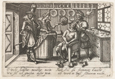 Foolish man is stripped by the barber of the jester who grows out of his head, Jacob van der Heyden, 1608 Canvas Print