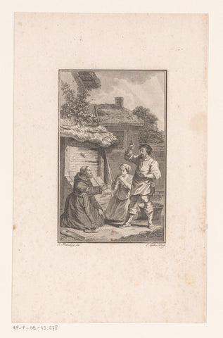 Kneeling monk and woman in front of a man at a stable, Louis Michel Halbou, 1781 - 1782 Canvas Print