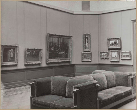 Room with nine paintings, on the left a girl dressed in kimono, c. 1910 - c. 1930 Canvas Print