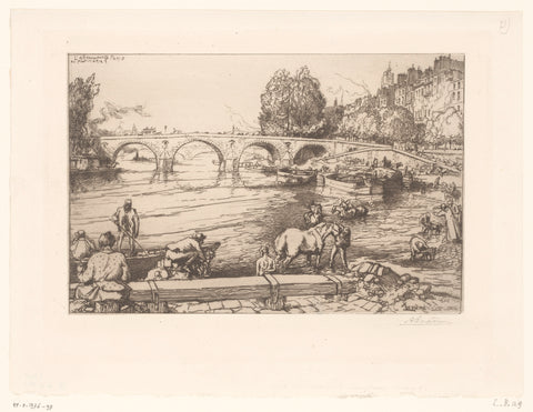 View of the Pont Marie with figures in the Seine, Auguste Lepère, 1902 Canvas Print