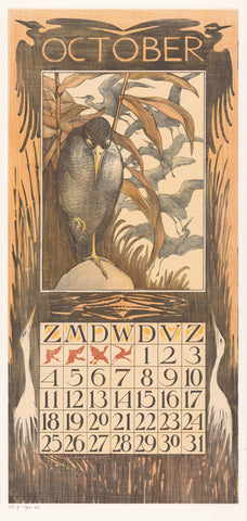 Calendar sheet October with bird on a leg, Theo van Hoytema, 1902 Canvas Print