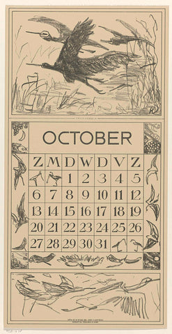 Calendar sheet October with migratory birds, Theo van Hoytema, 1917 Canvas Print