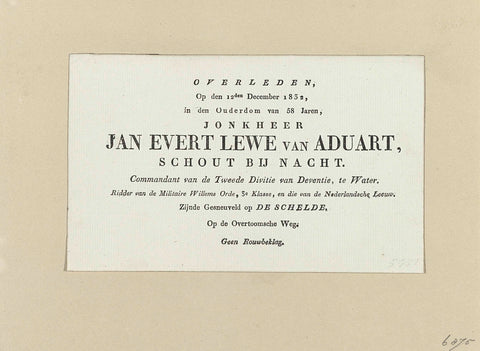 Obituary of Jonkheer Jan Evert Lewe van Aduart, 1832, anonymous, 1832 Canvas Print