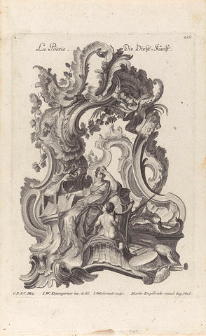 Rocaille met de personificatie van de Dichtkunst (Poëzie), Jeremias Wachsmuth, 1719 - 1749 Canvas Print