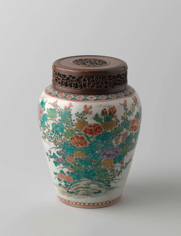 Jar with wooden cover and two large flower groups, anonymous, c. 1800 - c. 1899 Canvas Print