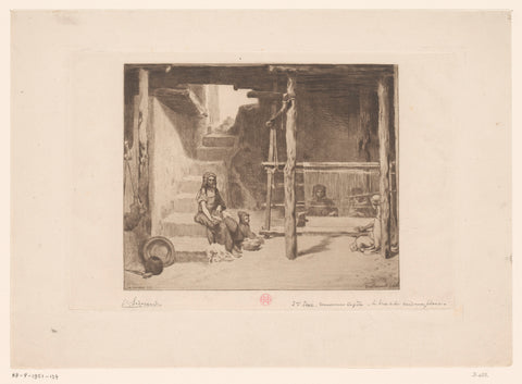 Interior of a weaving factory, possibly in Algeria, Henri Charles Guérard, c. 1887 Canvas Print