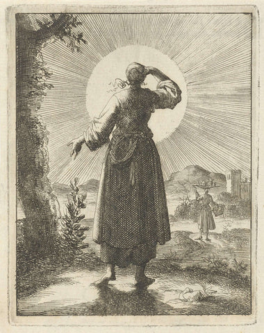 When looking at the sun, woman holds her hand in front of her eyes, Jan Luyken, 1687 Canvas Print