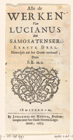 Title page for: Steven Blankaart [translator], Alle de werken van Lucianus den Samosatenser, 1679, Romeyn de Hooghe, 1679 Canvas Print