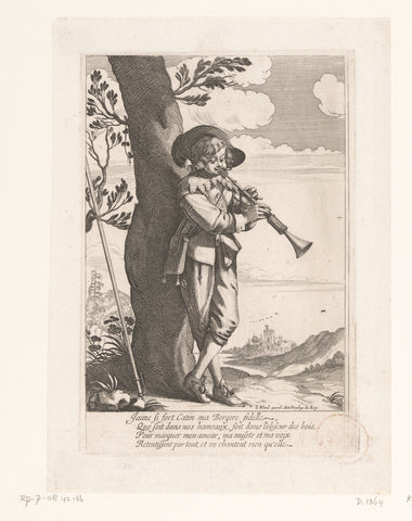 Shepherd leaning against tree plays the oboe (musette), Abraham Bosse, 1626 - 1628 Canvas Print