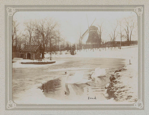 Swans on a frozen lake near Sneek, in the background a windmill, Folkert Idzes de Jong, c. 1905 - c. 1907 Canvas Print