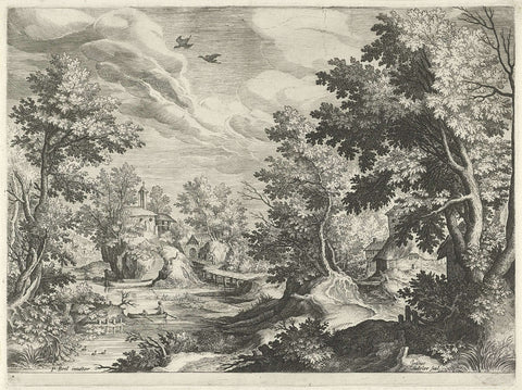 River landscape with a rowing boat, Johann Sadeler (I), 1560 - 1600 Canvas Print