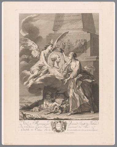 Portrait of Pierre-Laurent Buirette de Belloy held by a genius on a cloud with the personification of the city of Calais on the right, Louis Simon Lempereur, 1767 Canvas Print