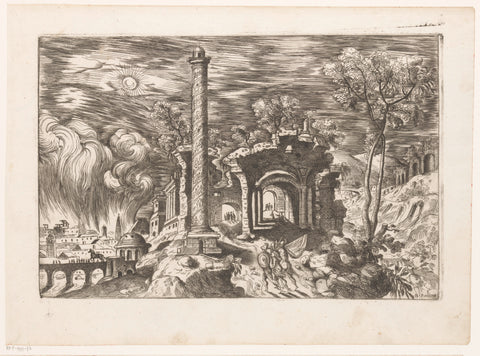 Roman ruin and column for the burning Troy, Giovanni Battista Pittoni (I), 1561 Canvas Print