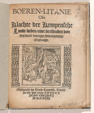 Title page of the pamphlet: Boeren-Litanie ofte Clachte der Kempensche Landt-lieden over de ellenden van deze lanck duerighe Nederlantsche Ooologhe, 1608, anonymous, 1608 Canvas Print