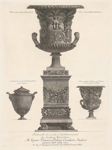 Three antique vases, one of which is on pedestal, Giovanni Battista Piranesi, 1778 Canvas Print