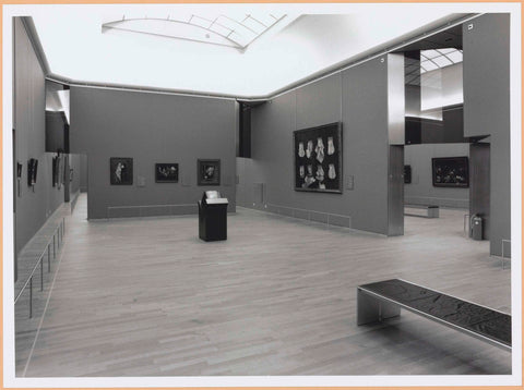 Room with paintings, a television screen and benches for visitors, c. 1999 Canvas Print