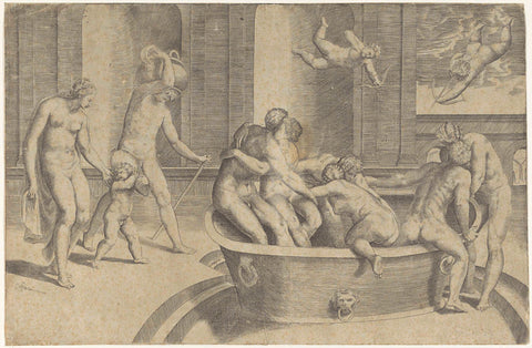 Men and women in large bathtub, Giulio Bonasone, 1501 - 1580 Canvas Print