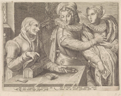 Young couple and an old woman with money chest (Unequal love), anonymous, 1589 - 1607 Canvas Print