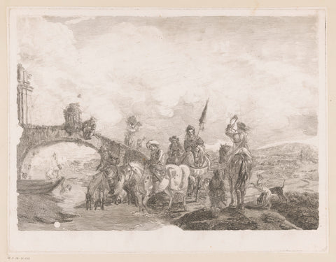 Hunting company lets horses drink at the foot of bridge, Jean Moyreau, c. 1733 - 1762 Canvas Print