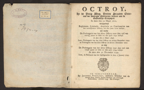 Octroy by the High Mog. Heeren Staaten General of the united Netherlands granted to the East India Company. In dato 20 March 1602, Jacobus Scheltus (II), 1743 Canvas Print