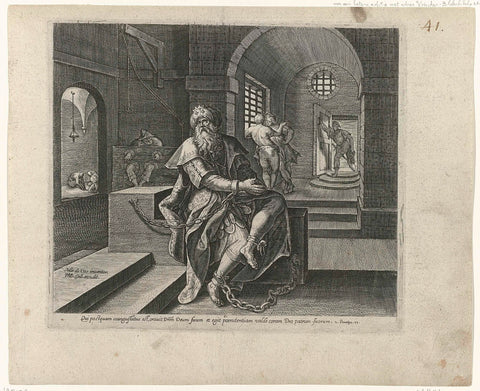 Koning Manasse in de gevangenis, Philips Galle (attributed to workshop of), 1547 - 1612 Canvas Print