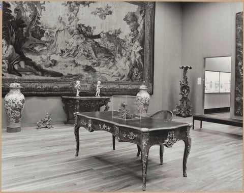 Room with writing desk with clockwork, chair, cupboards, tapestry, vases, decorated torchère and a passageway, 1962 Canvas Print