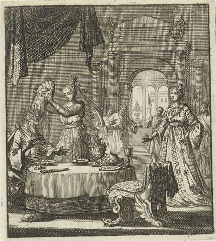 Queen turns over a bowl of food above the head of her husband, Jan Luyken, 1693 Canvas Print