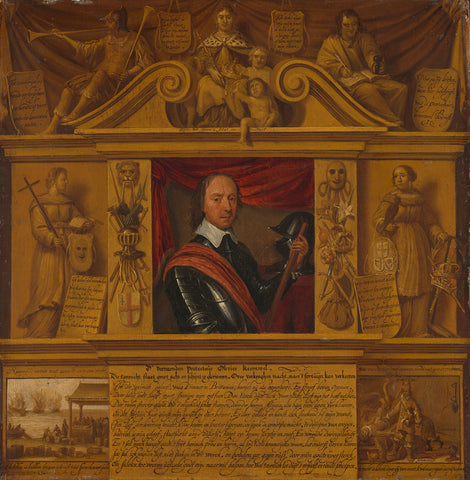 Portrait of Oliver Cromwell, in a Frame with Allegorical Figures and Historical Representations, anonymous, c. 1650 Canvas Print