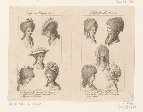 Two performances with hairstyles and headgear for women, Daniel Nikolaus Chodowiecki, 1782 Canvas Print