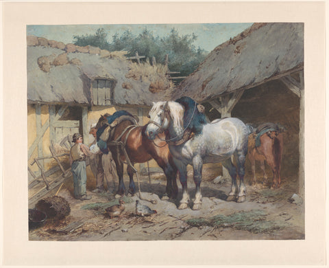 Paarden bij een stal, Wouter Verschuur (1841-1936), c. 1860 - 1936 Canvas Print