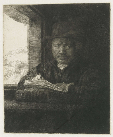 Self-portrait etching at a window, Rembrandt van Rijn, 1648 Canvas Print