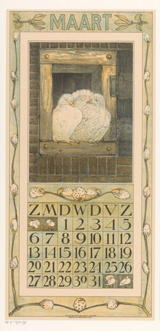 Calendar page march with two white pigeons, Theo van Hoytema, 1909 Canvas Print