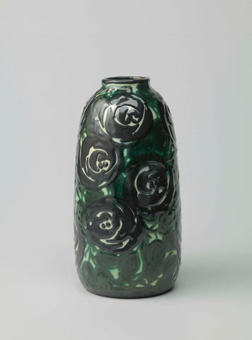 Vase with décor of black flowers and green leaves in relief against a white background, Tonwerke Kandern, c. 1909 Canvas Print