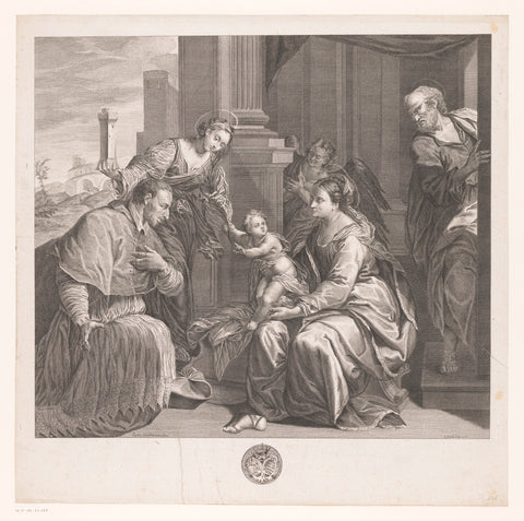 Mary and Child worshipped by Carolus Borromeus and St. Barbara, Etienne Fessard, 1755 Canvas Print