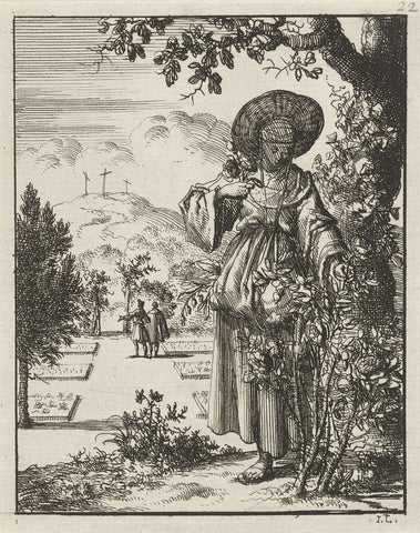 Woman picks roses in a garden, Jan Luyken, 1687 Canvas Print