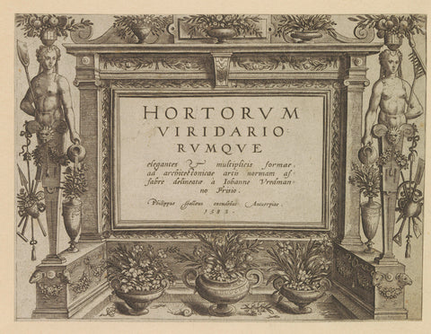 Ornamental frame with title flanked by female hermen, anonymous, c. 1600 - c. 1601 Canvas Print